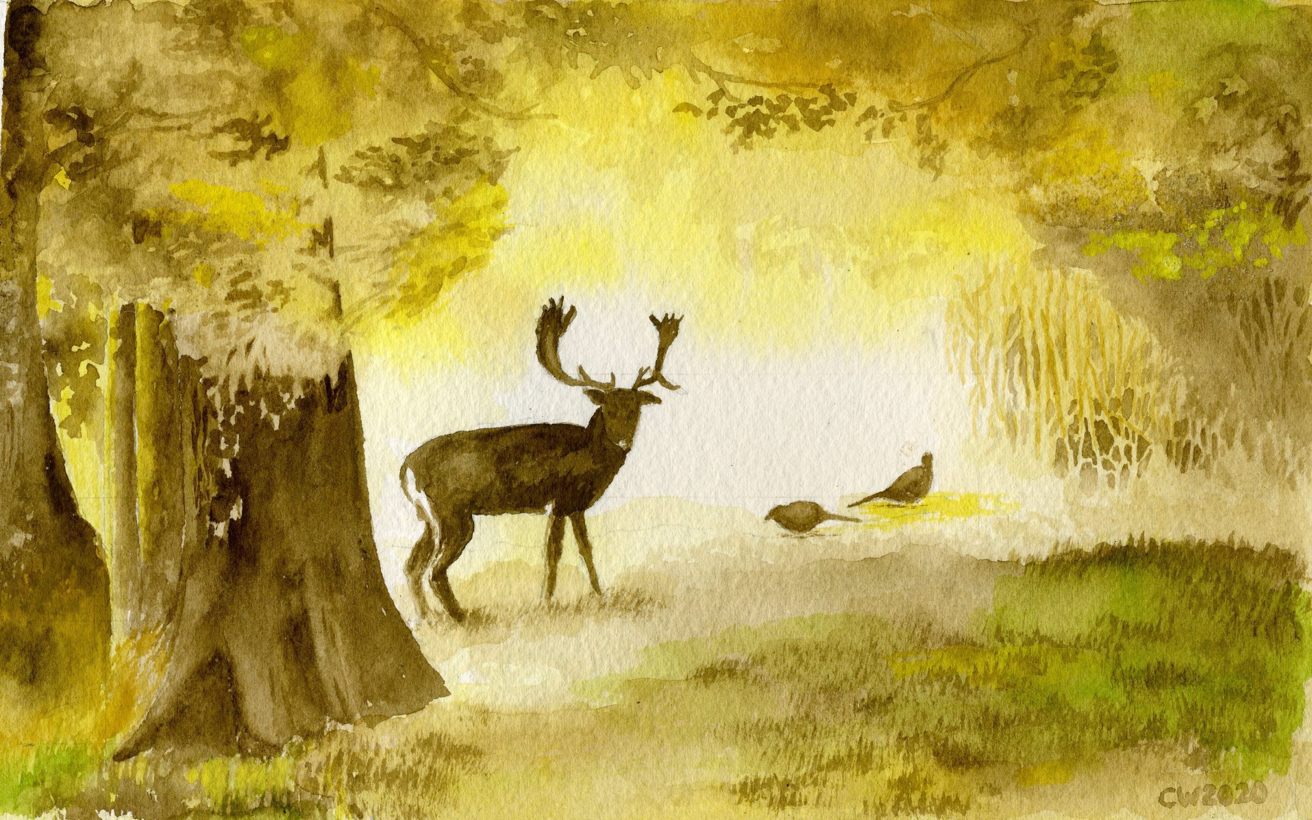 Deer and Birds 8 x 12